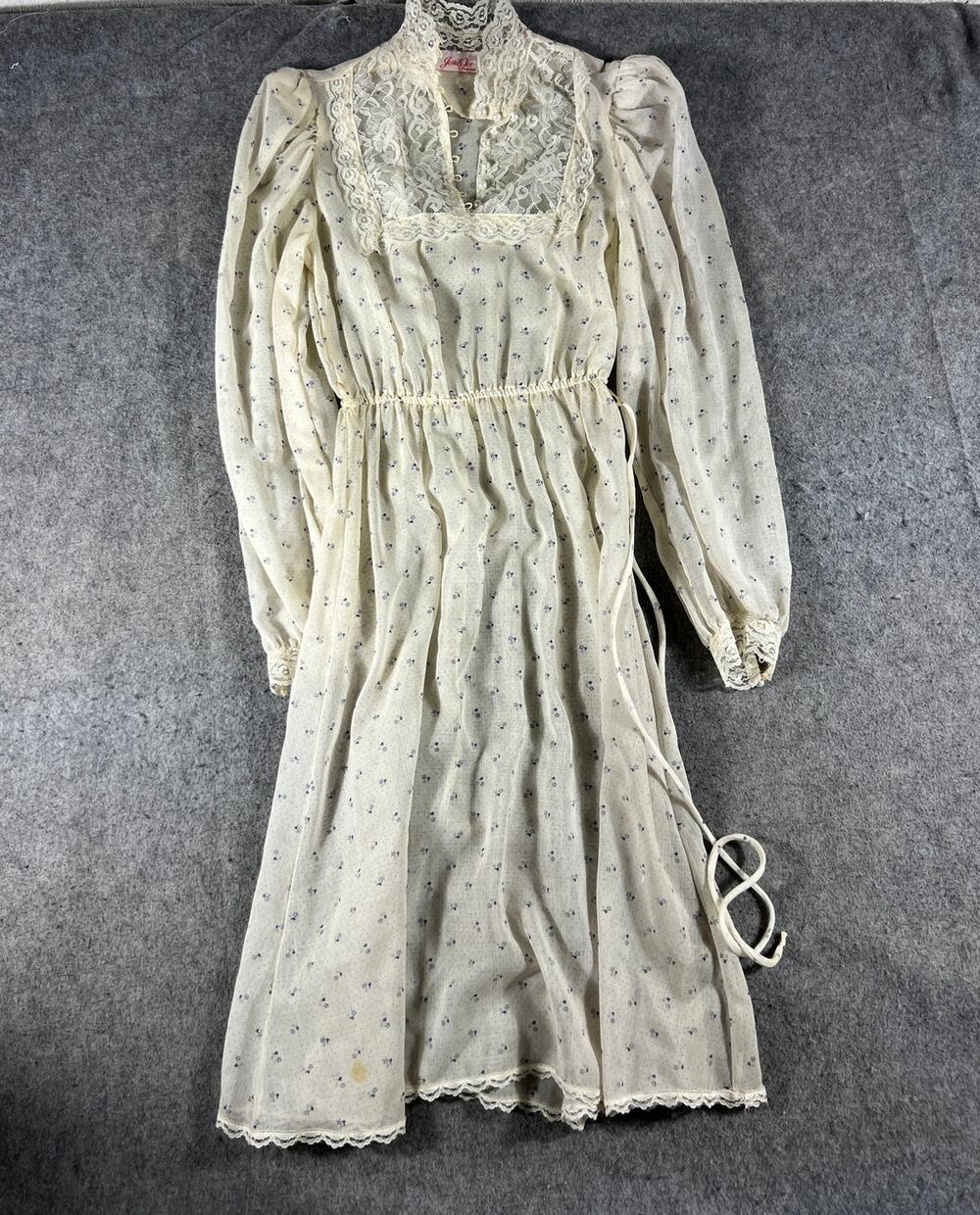 VTG 70s Jerri Jee Midi Dress Womens Medium Beige Floral Ditsy Puffed Cottagecore